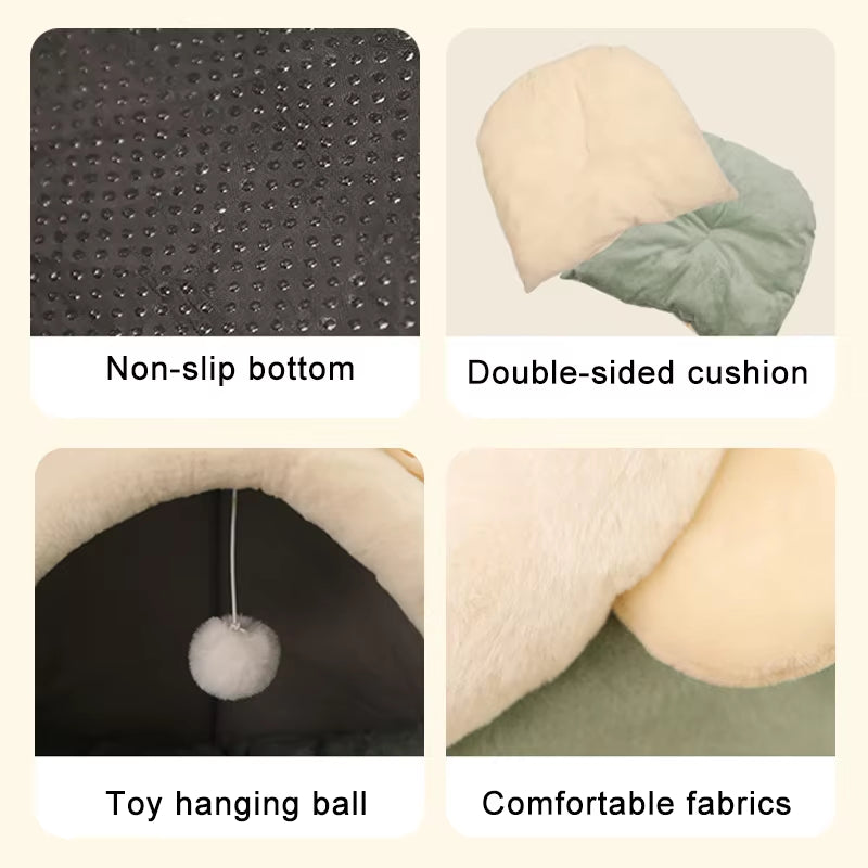 PawDream™ Cozy Cat Cave Bed – Washable Foldable Pet Bed with Ears & Removable Cushion for Cats and Small Dogs
