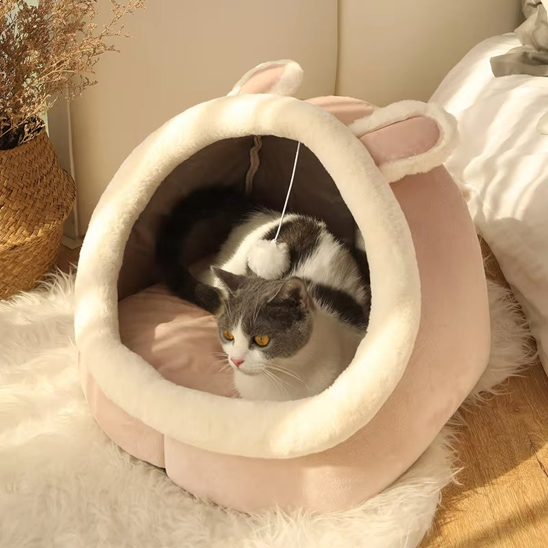PawDream™ Cozy Cat Cave Bed – Washable Foldable Pet Bed with Ears & Removable Cushion for Cats and Small Dogs