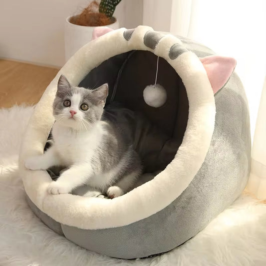 PawDream™ Cozy Cat Cave Bed – Washable Foldable Pet Bed with Ears & Removable Cushion for Cats and Small Dogs