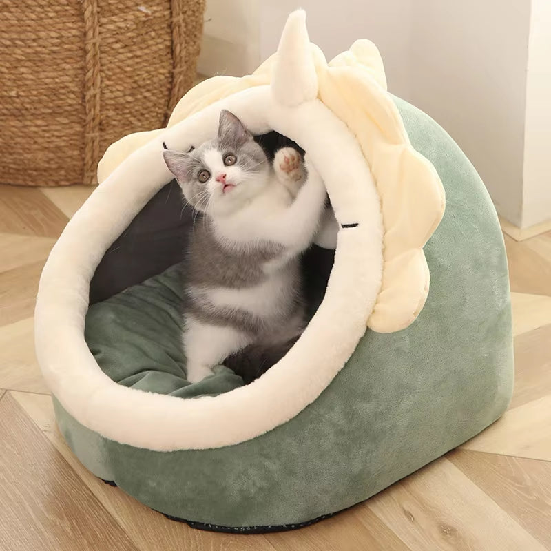 PawDream™ Cozy Cat Cave Bed – Washable Foldable Pet Bed with Ears & Removable Cushion for Cats and Small Dogs