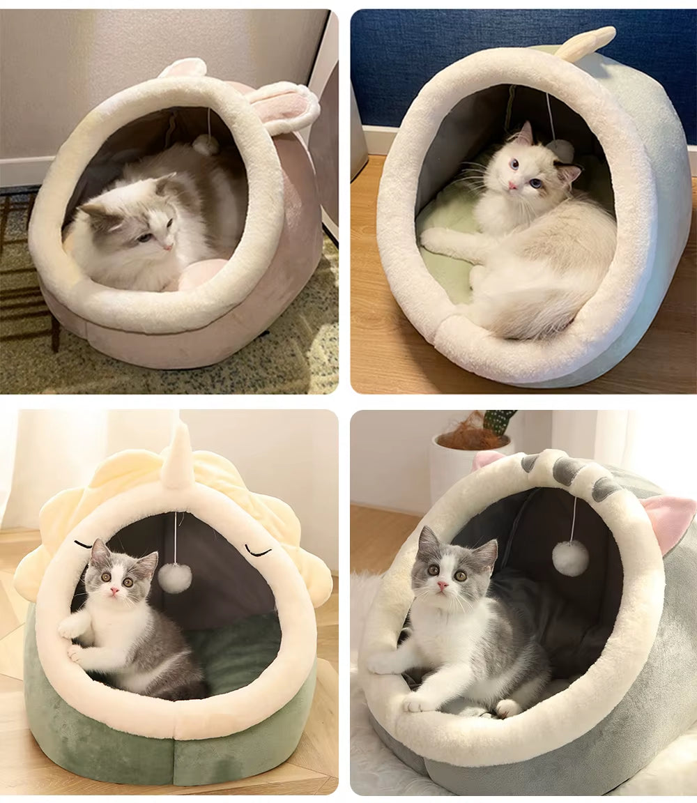PawDream™ Cozy Cat Cave Bed – Washable Foldable Pet Bed with Ears & Removable Cushion for Cats and Small Dogs