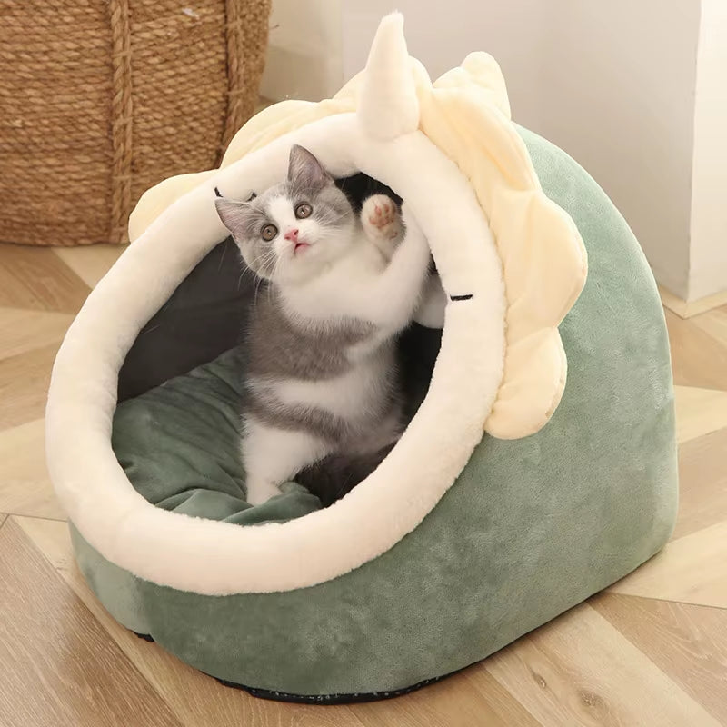 PawDream™ Cozy Cat Cave Bed – Washable Foldable Pet Bed with Ears & Removable Cushion for Cats and Small Dogs